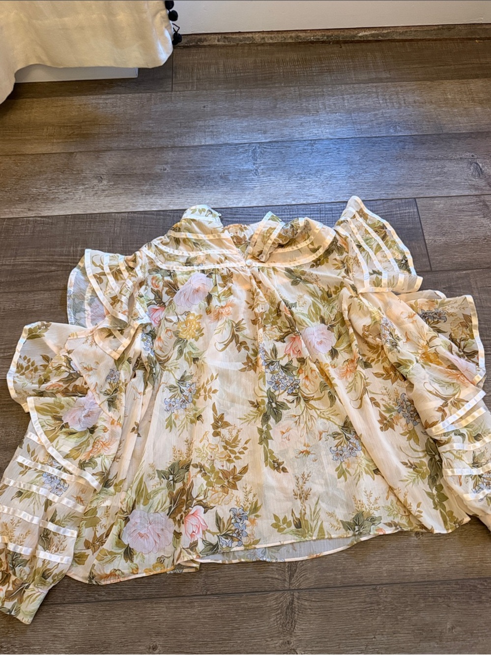 Beulah Cream Floral Ruffle Sheer Blouse and skirt